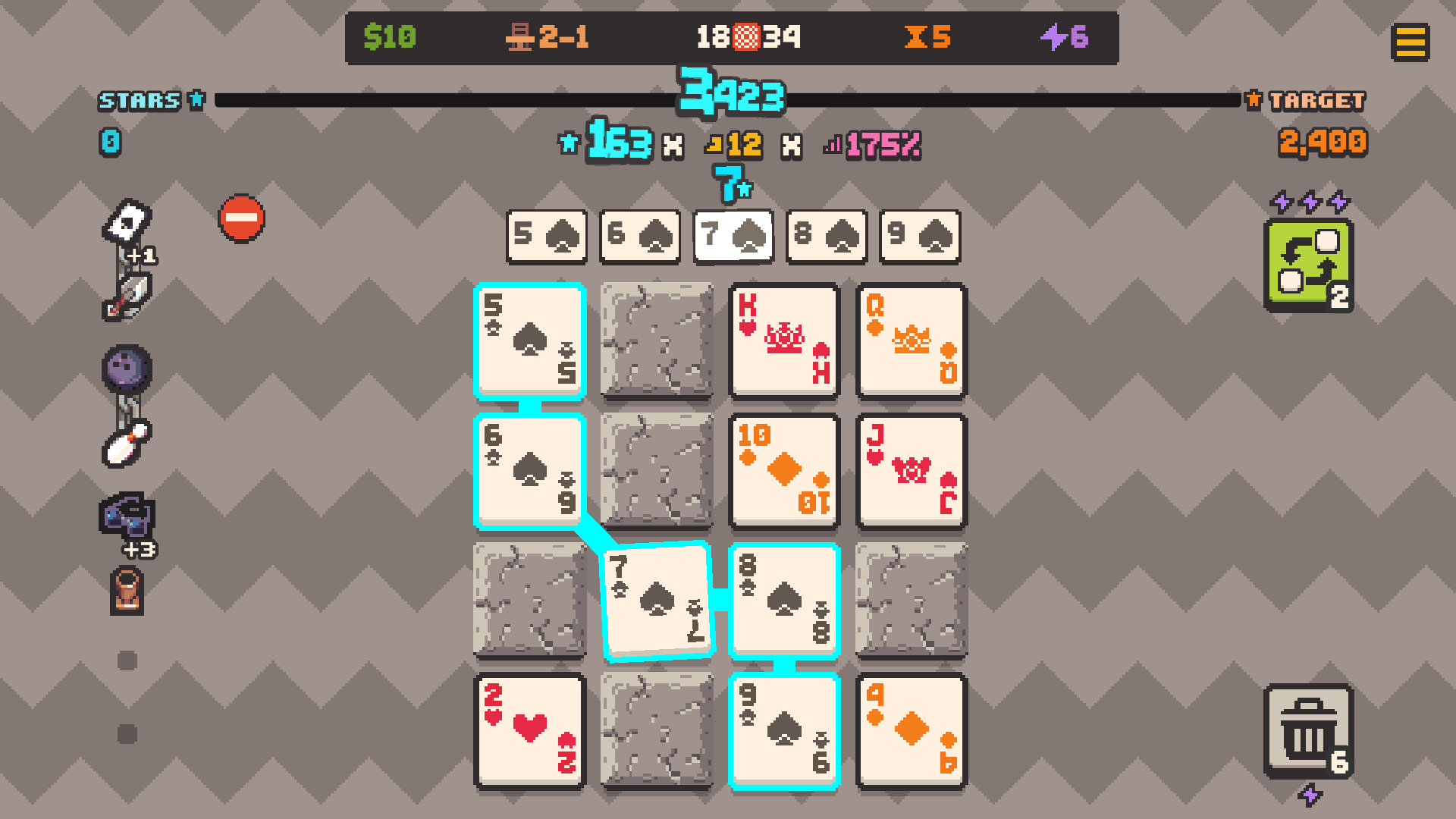 Linked straight flush around blocked cards